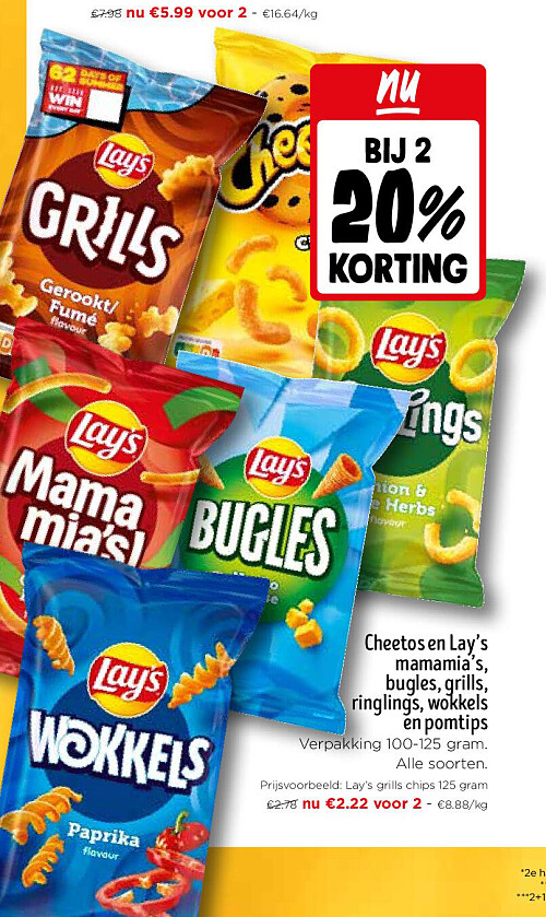 Cheetos en Lay's mamamia's, bugles, grills, ringlings, wokkels en pomtips