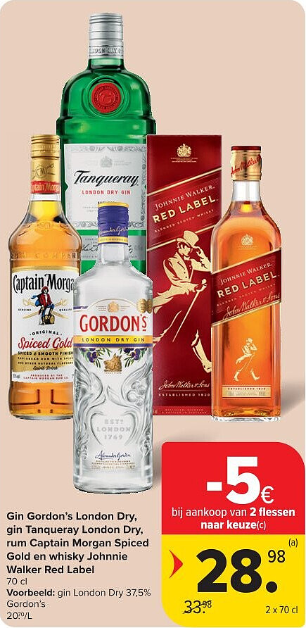 Gin Gordon’s London Dry, gin Tanqueray London Dry, rum Captain Morgan Spiced Gold en whisky Johnnie Walker Red Label