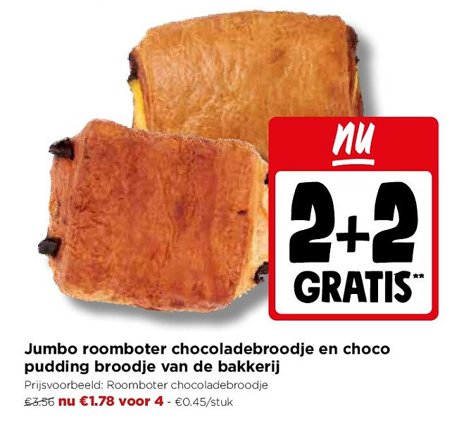 Jumbo roomboter chocoladebroodje en choco pudding broodje van de bakkerij