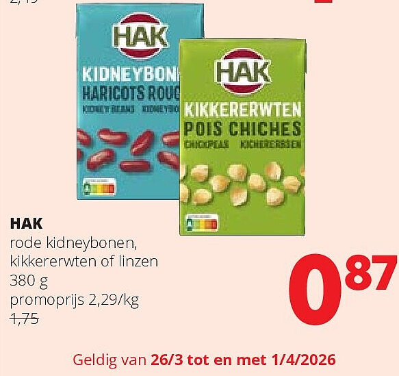 HAK rode kidneybonen, kikkererwten of linzen 380 g