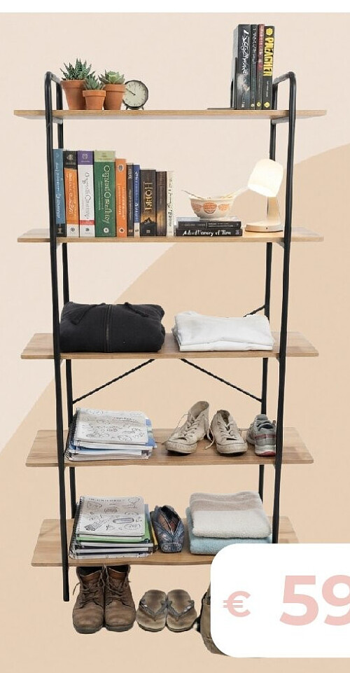 Metalen opbergrek met houten planken