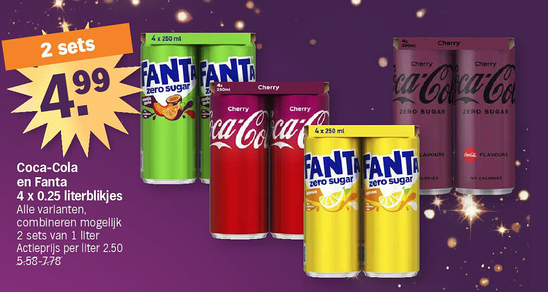 Coca-Cola en Fanta 4 x 0.25 literblikjes