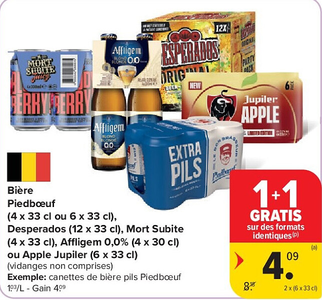 Bière Piedbœuf (4 x 33 cl ou 6 x 33 cl), Desperados (12 x 33 cl), Mort Subite (4 x 33 cl), Affligem 0,0% (4 x 30 cl) ou Apple Jupiler (6 x 33 cl)