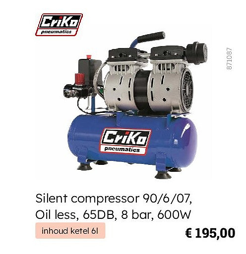 Silent compressor 90/6/07, Oil less, 65DB, 8 bar, 600W