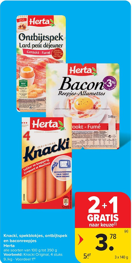 Knacki, spekblokjes, ontbijtspek en baconreepjes Herta