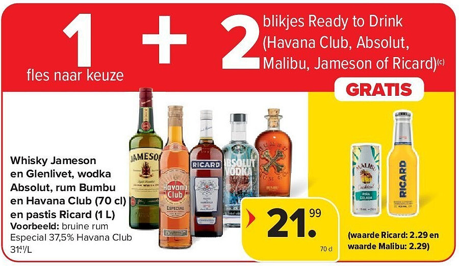 Whisky Jameson en Glenlivet, wodka Absolut, rum Bumbu en Havana Club (70 cl) en pastis Ricard (1 L)