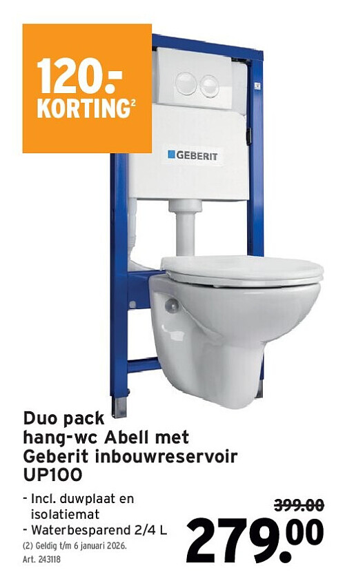 Duo pack hang-wc Abell met Geberit inbouwreservoir UP100