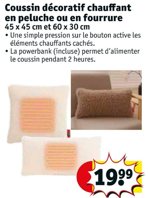 Coussin décoratif chauffant en peluche ou en fourrure 45 x 45 cm et 60 x 30 cm