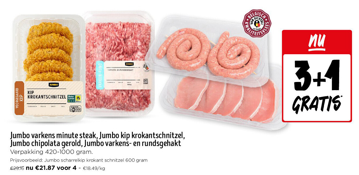 Jumbo varkens minute steak, Jumbo kip krokantschnitzel, Jumbo chipolata gerold, Jumbo varkens- en rundsgehakt