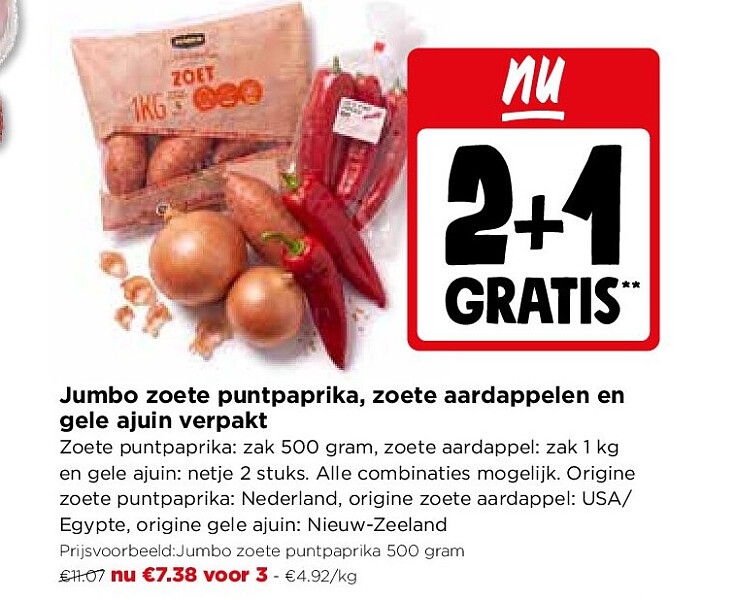 Jumbo zoete puntpaprika, zoete aardappelen en gele ajuin verpakt