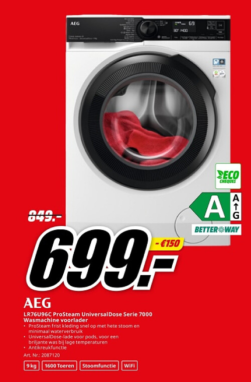 AEG LR76U96C ProSteam UniversalDose Serie 7000 Wasmachine voorlader