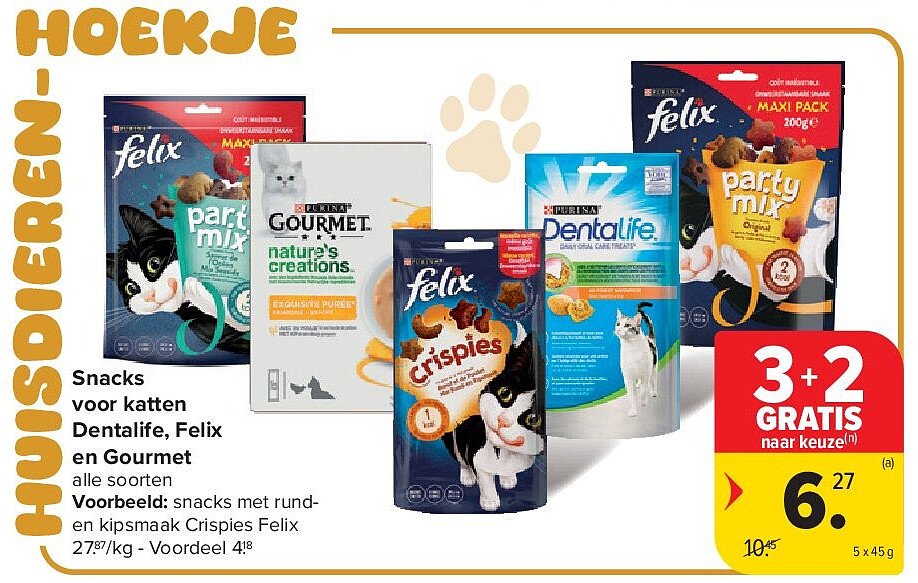 Snacks voor katten Dentalife, Felix en Gourmet