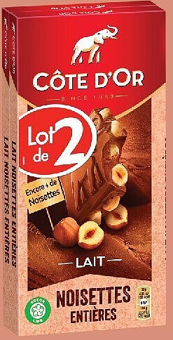 Tablettes de chocolat au lait noisettes entières Côte d'Or, lot de 2 x 170 g