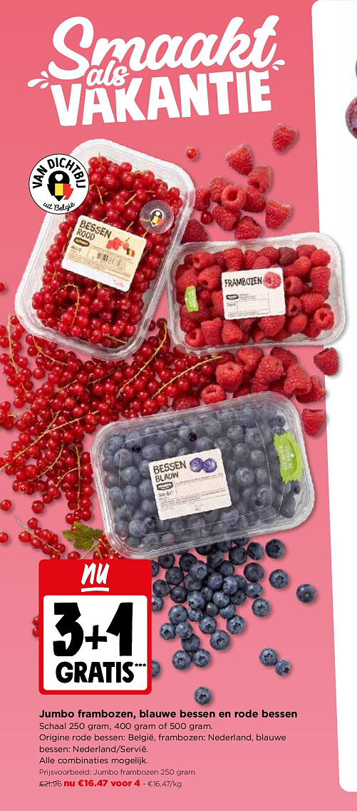 Jumbo frambozen, blauwe bessen en rode bessen