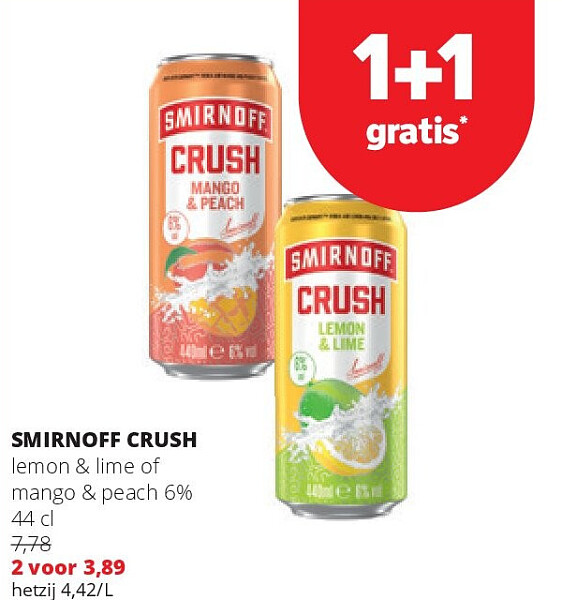 SMIRNOFF CRUSH lemon & lime of mango & peach 6% 44 cl