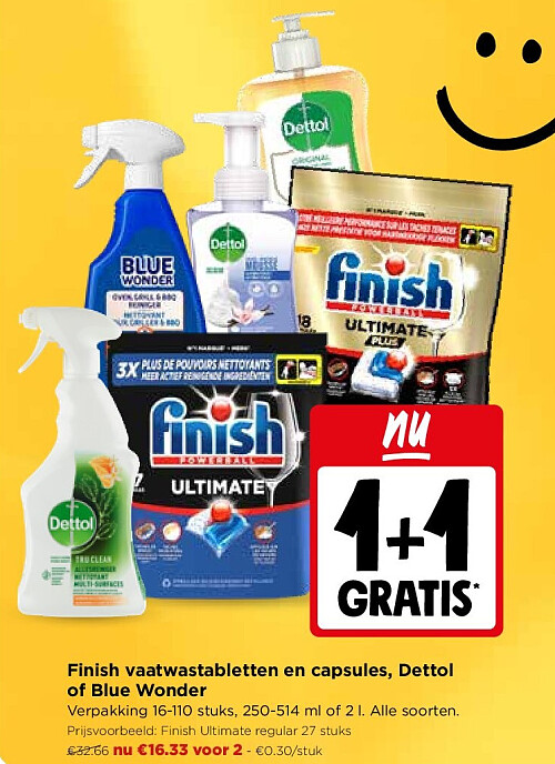 Finish vaatwastabletten en capsules, Dettol of Blue Wonder