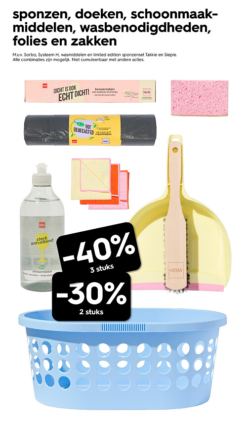 sponzen, doeken, schoonmaakmiddelen, wasbenodigdheden, folies en zakken