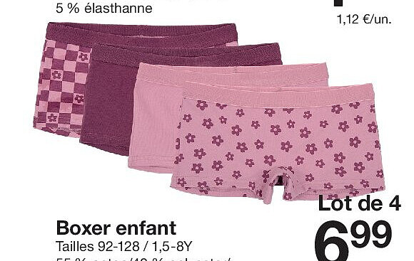 Boxer enfant Tailles 92-128 / 1,5-8Y 55 % coton/40 % polyester/ 5 % élasthanne