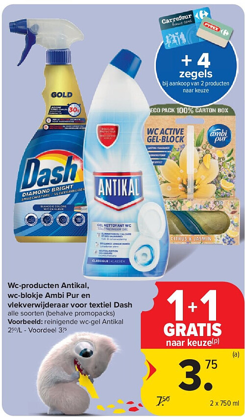Wc-producten Antikal, wc-blokje Ambi Pur en vlekverwijderaar voor textiel Dash