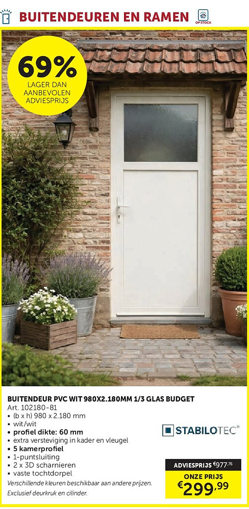 BUITENDEUR PVC WIT 980X2.180MM 1/3 GLAS BUDGET