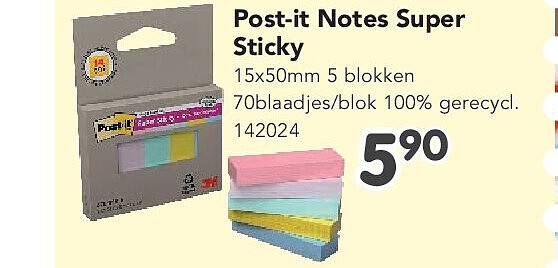 Post-it Notes Super Sticky 15x50mm 5 blokken 70blaadjes/blok 100% gerecycl. 142024