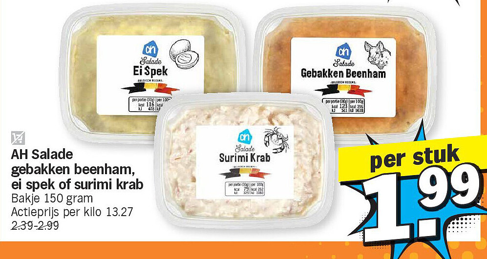 AH Salade gebakken beenham, ei spek of surimi krab