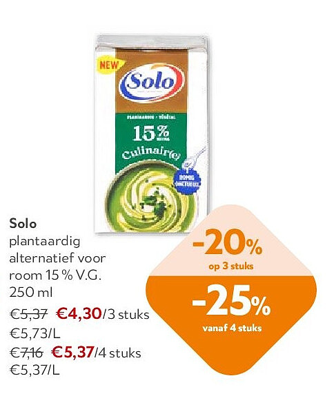 Solo plantaardig alternatief voor room 15 % V.G. 250 ml