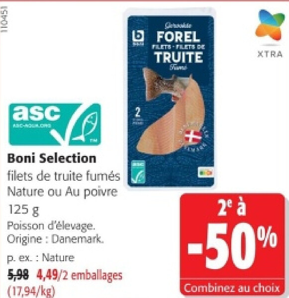 Boni Selection filets de truite fumés Nature ou Au poivre 125 g