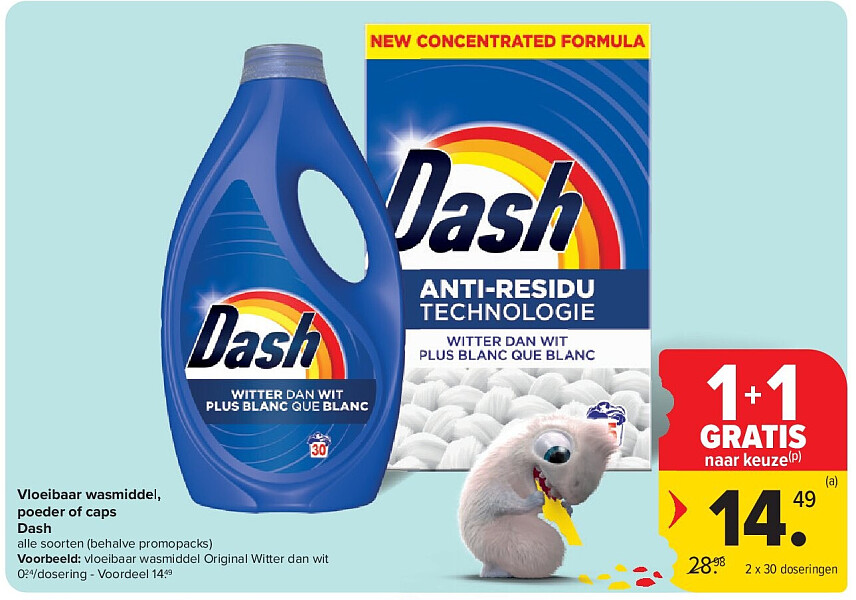 Vloeibaar wasmiddel, poeder of caps Dash