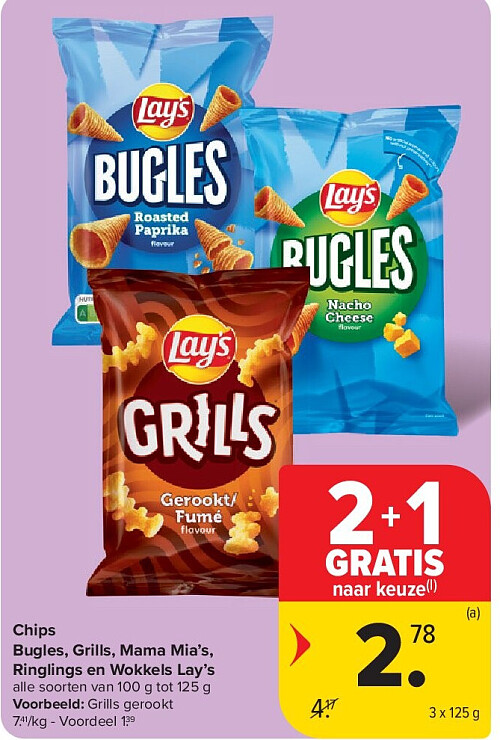 Chips Bugles, Grills, Mama Mia’s, Ringlings en Wokkels Lay’s