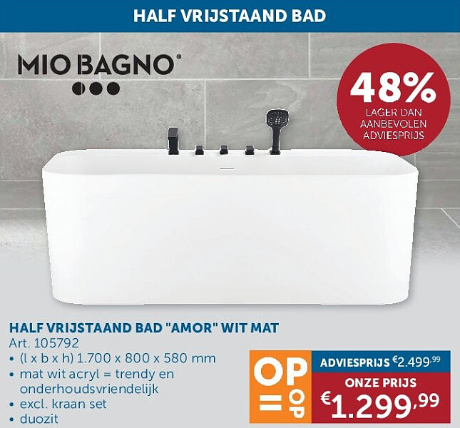 HALF VRIJSTAAND BAD "AMOR" WIT MAT