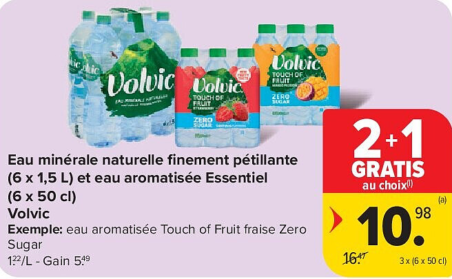 Eau minérale naturelle finement pétillante (6 x 1,5 L) et eau aromatisée Essentiel (6 x 50 cl) Volvic