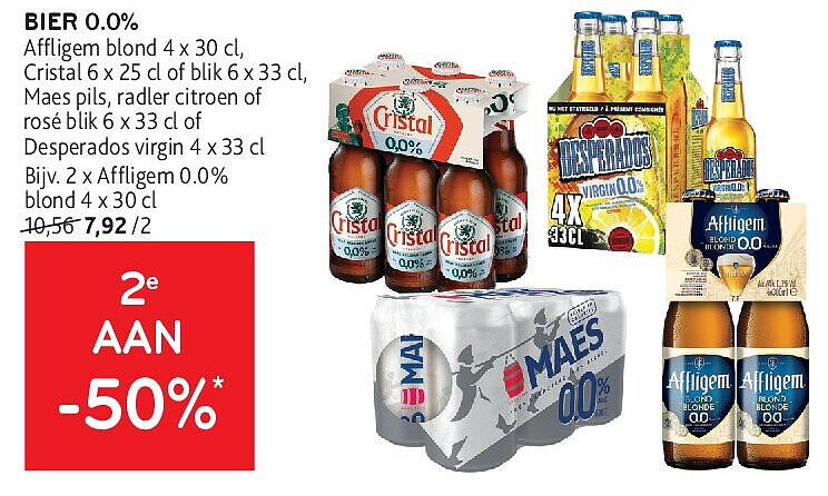 BIER 0.0% Affl igem blond 4 x 30 cl, Cristal 6 x 25 cl of blik 6 x 33 cl, Maes pils, radler citroen of rosé blik 6 x 33 cl of Desperados virgin 4 x 33 c