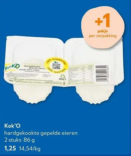 Kok'O hardgekookte gepelde eieren 2 stuks 86 g