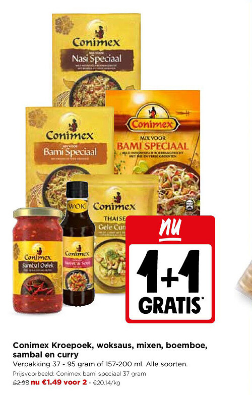 Conimex Kroepoek, woksaus, mixen, boemboe, sambal en curry