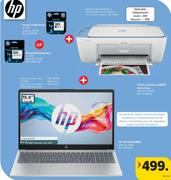 Zwart inktpatroon + Kleureninktpatroon + Printer DeskJet 2822E All-in-One + HP 15-FD0109NB