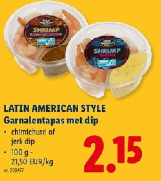 LATIN AMERICAN STYLE Garnalentapas met dip