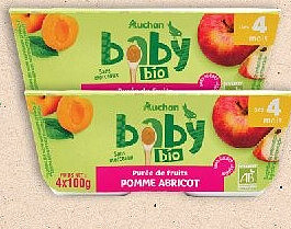 Petits pots desserts pomme abricot Auchan Baby Bio 4x100 g