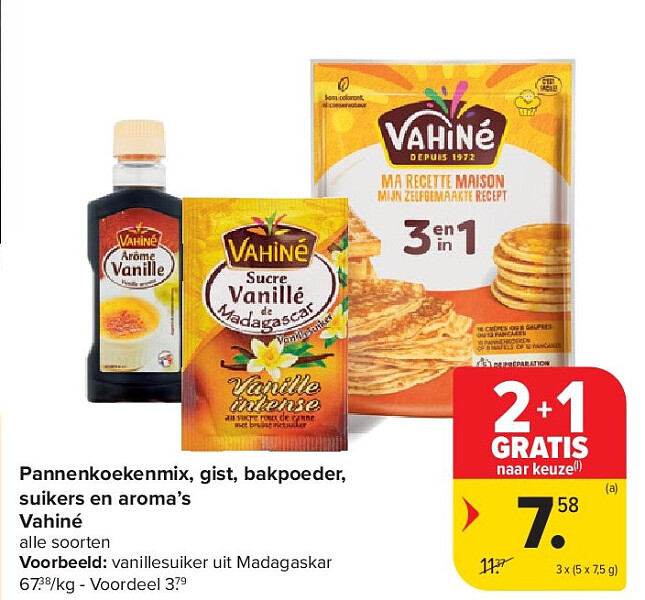 Pannenkoekenmix, gist, bakpoeder, suikers en aroma’s Vahiné
