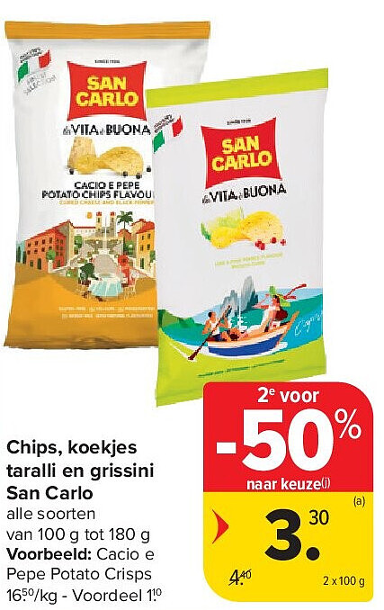 Chips, koekjes taralli en grissini San Carlo