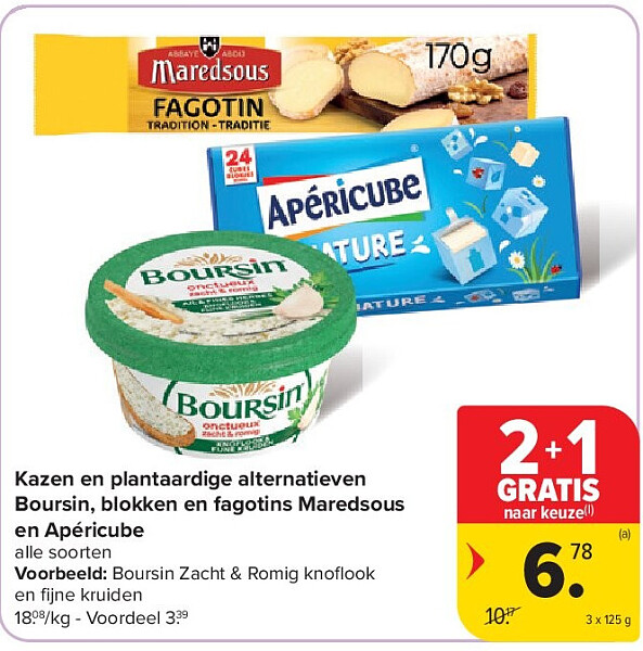 Kazen en plantaardige alternatieven Boursin, blokken en fagotins Maredsous en Apéricube