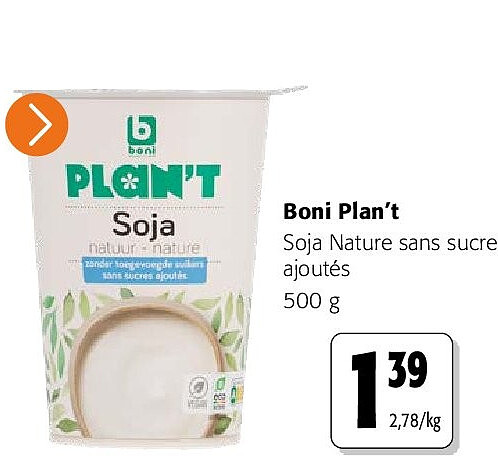 Boni Plan’t Soja Nature sans sucres ajoutés 500 g