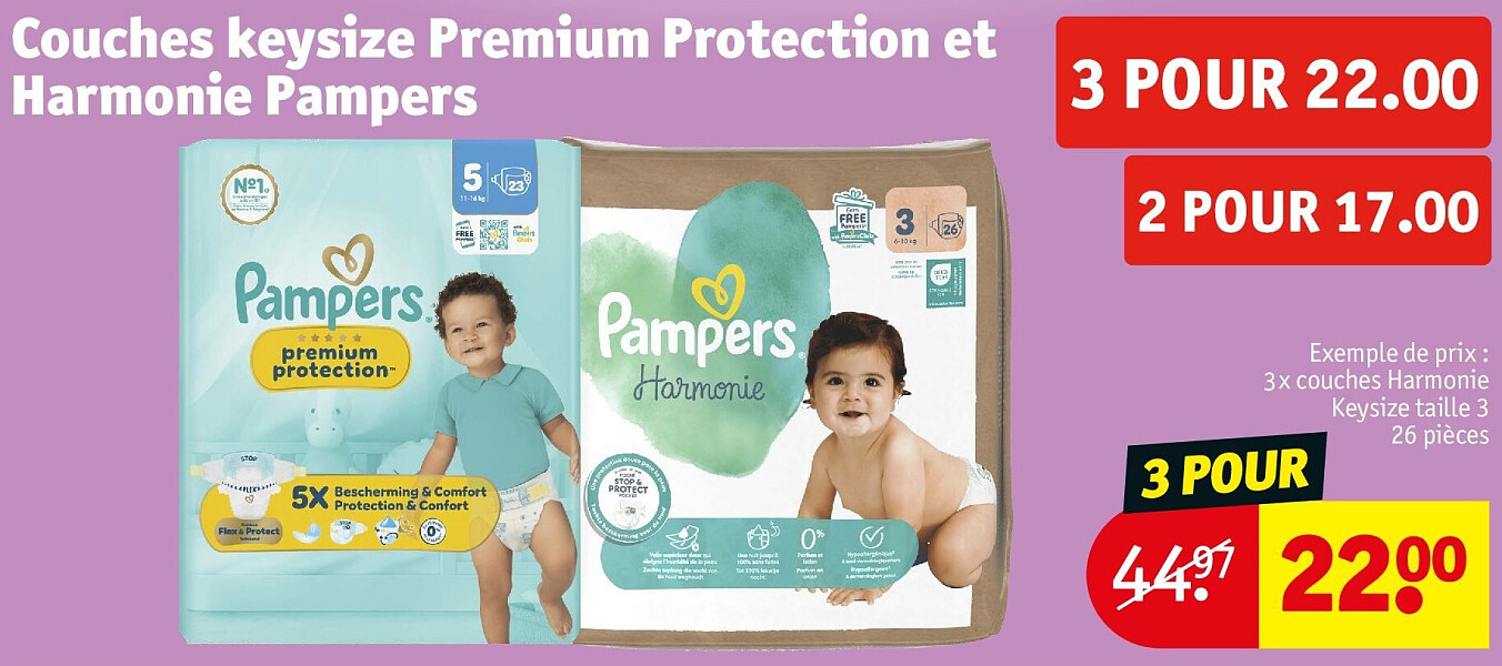 Couches keysize Premium Protection et Harmonie Pampers 3 POUR