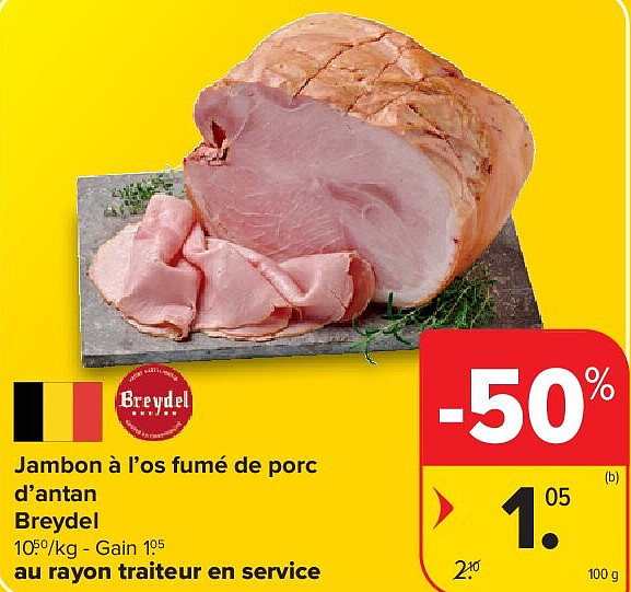 Jambon à l’os fumé de porc d’antan Breydel 100 g
