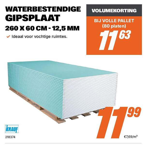 WATERBESTENDIGE GIPSPLAAT 260 X 60 CM - 12,5 MM