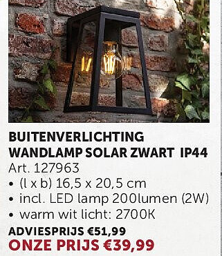 BUITENVERLICHTING WANDLAMP SOLAR ZWART IP44
