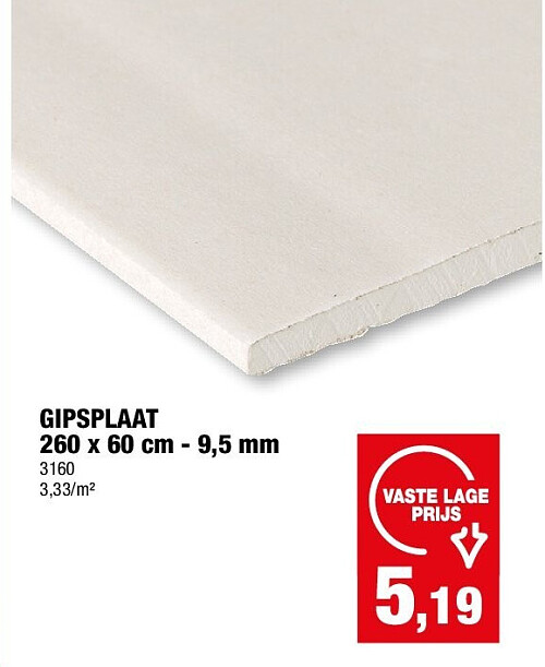 GIPSPLAAT 260 x 60 cm - 9,5 mm