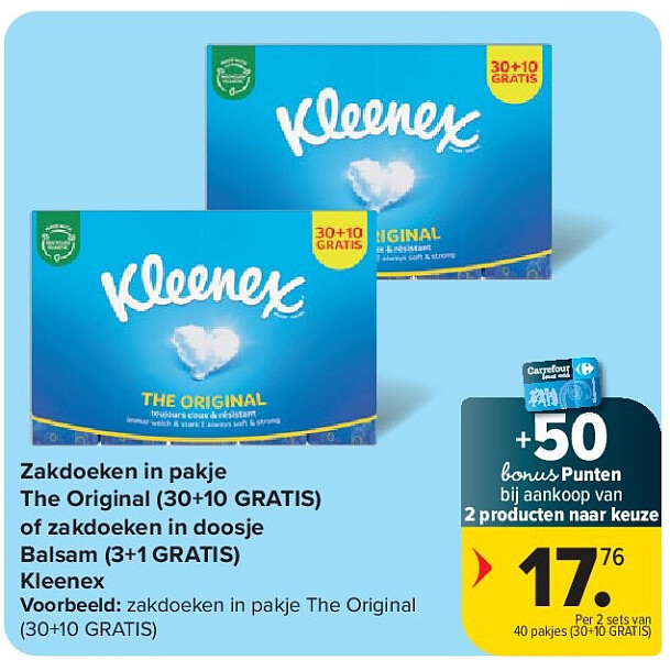 Zakdoeken in pakje The Original (30+10 GRATIS) of zakdoeken in doosje Balsam (3+1 GRATIS) Kleenex