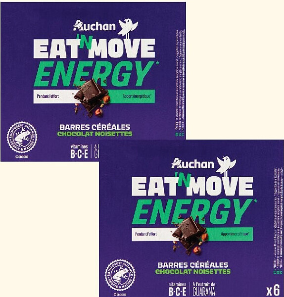 Barre de céréales saveur chocolat noisettes Eat'N Move Energy Auchan