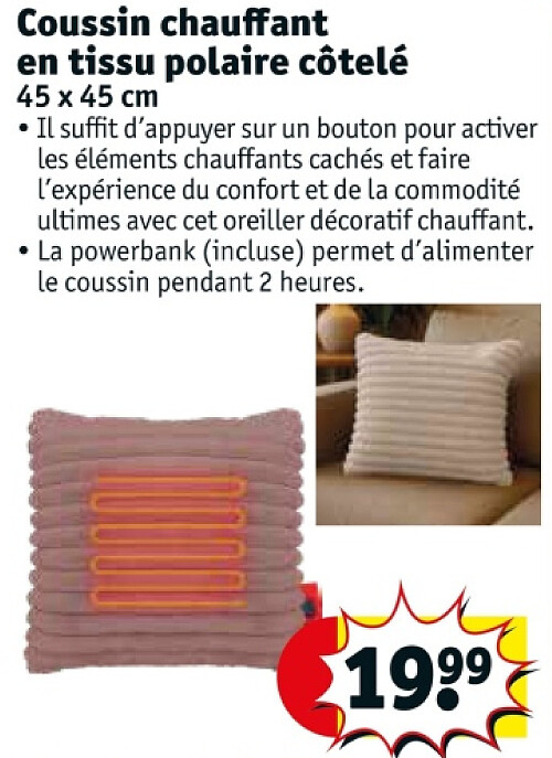 Coussin chauffant en tissu polaire côtelé 45 x 45 cm